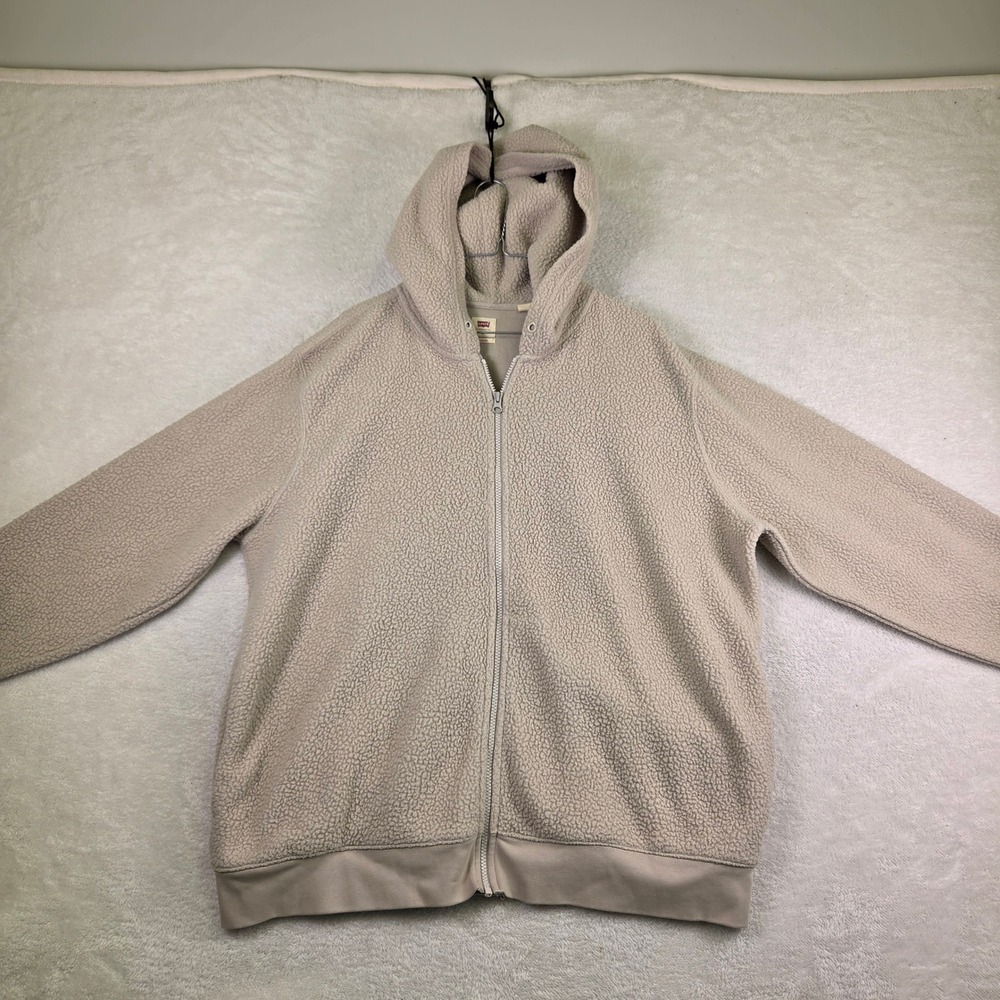 Levis Sherpa Fleece Full Zip Hoodie Tan Beige Mens XL Relaxed Fit Jacket